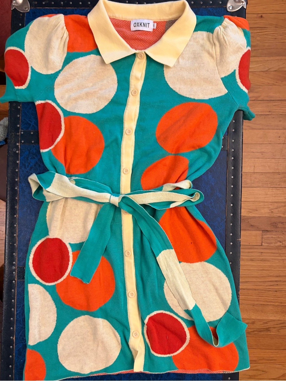 OXKNIT Polka Dot Button-Up Belted Dress in Teal, Orange & Cream